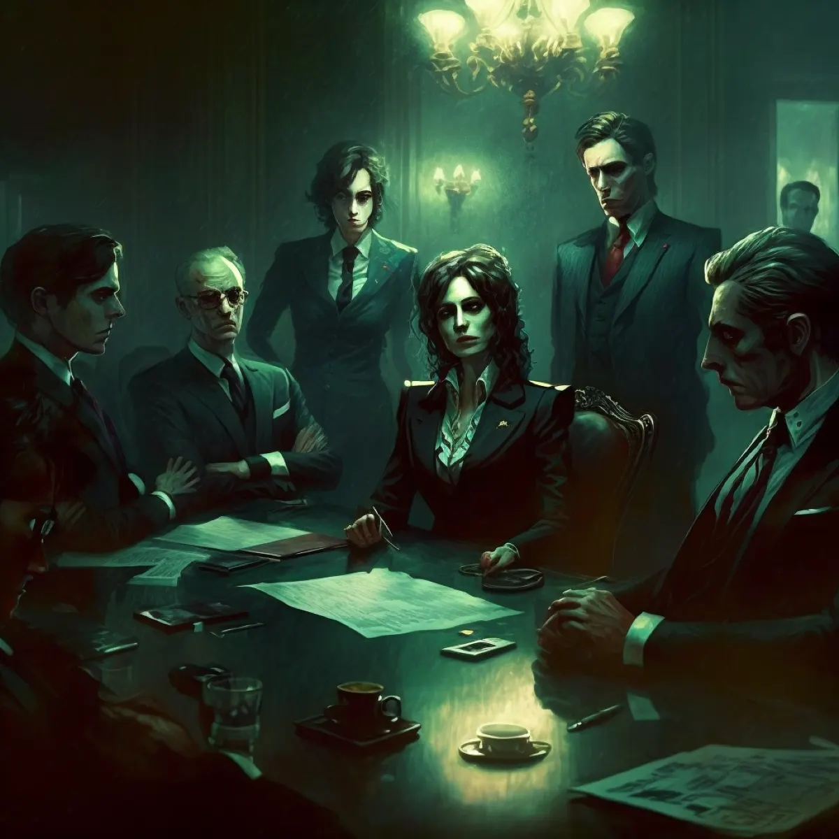 Board meeting of a Camarilla Prince and her Primogen